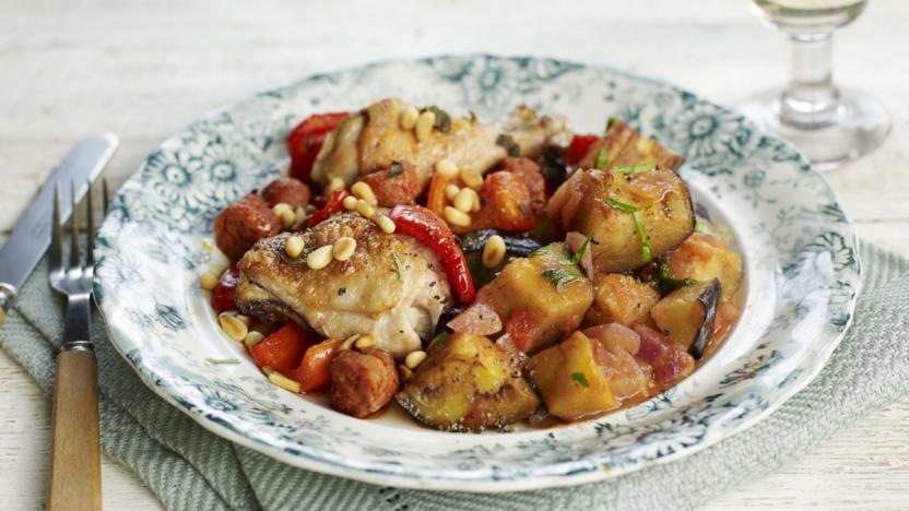 Chicken with chorizo, peppers and sage with spiced aubergine