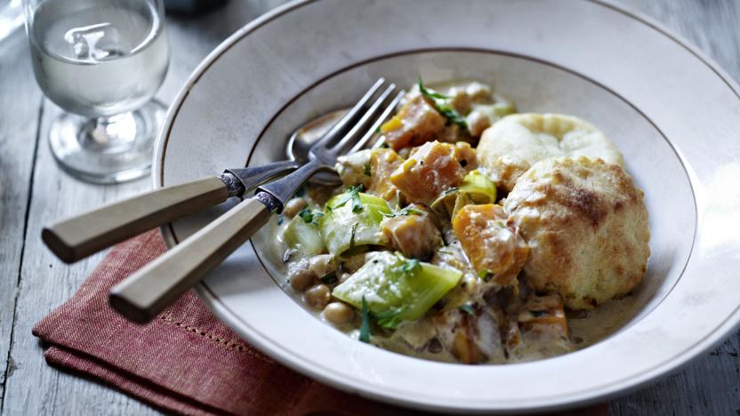 Chickpea and butternut squash casserole with scone topping