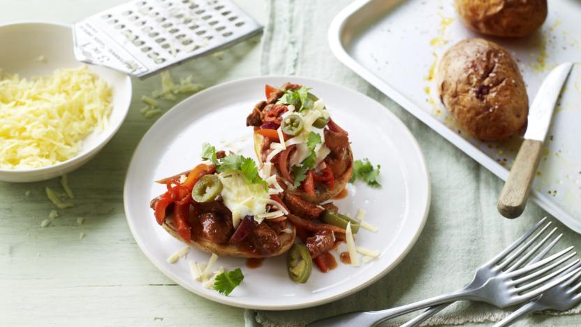 Chilli beef with jacket potatoes