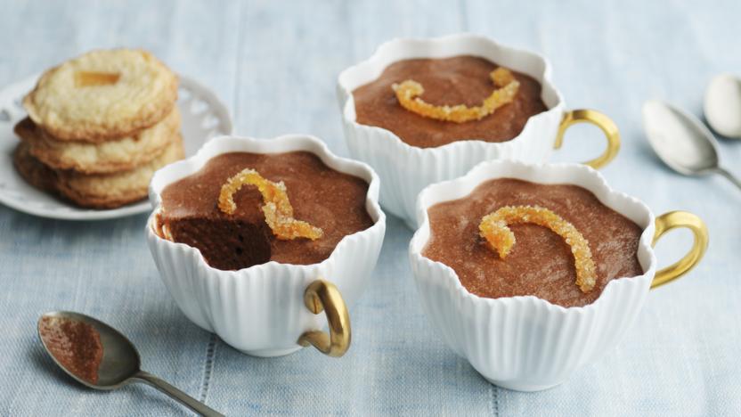 Chocolate mousse with fiery ginger shortbread and candied orange peel