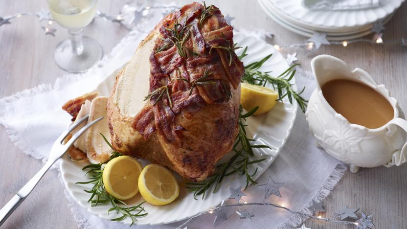 Christmas turkey crown with bacon lattice