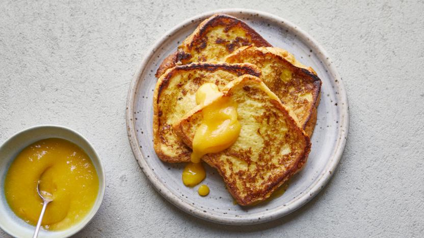 Coconut French toast with mango coulis