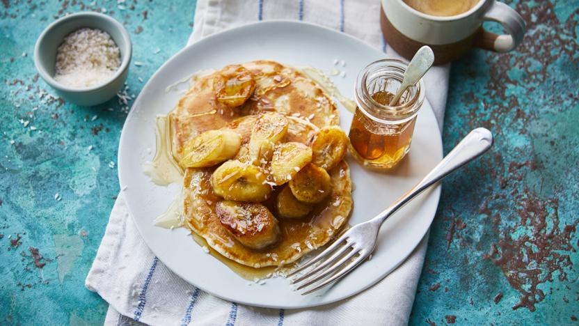 Coconut pancakes with caramelised bananas