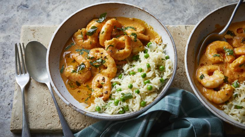 Coconut prawn curry with pea pilau