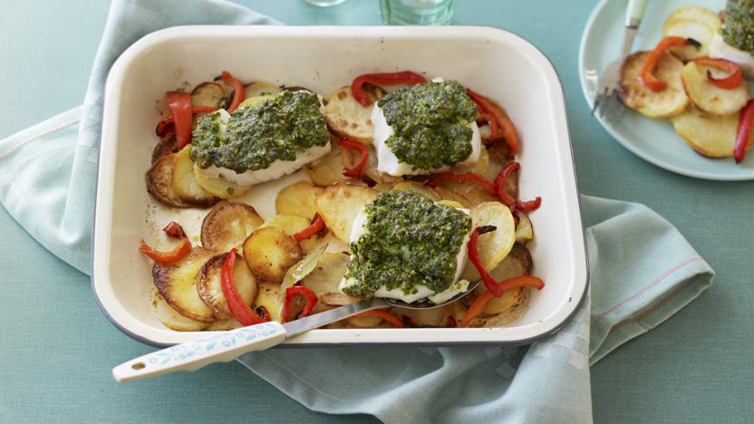 Fish and potato traybake with pesto