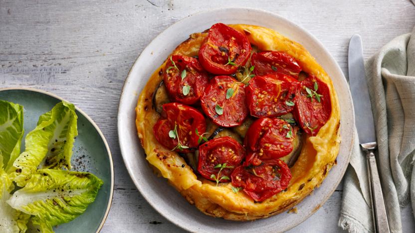 Confit tomato and aubergine tarte tatin