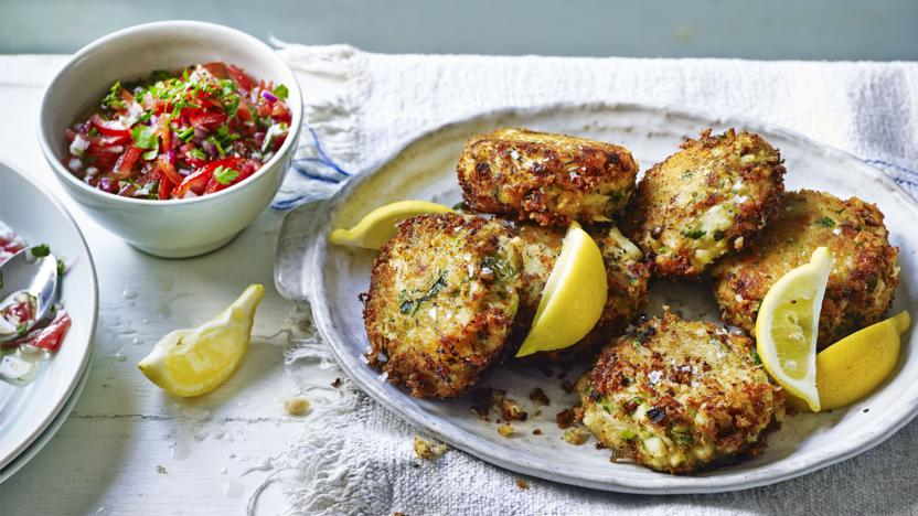 Crab and cod fish cakes with tomato salsa