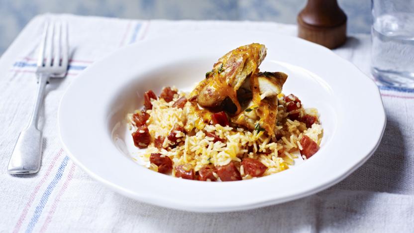 Crisp paprika chicken on chorizo rice