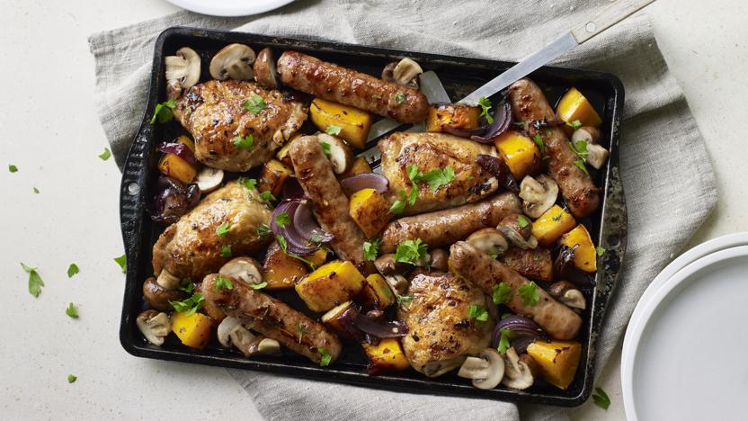 Sausage, chicken and squash traybake