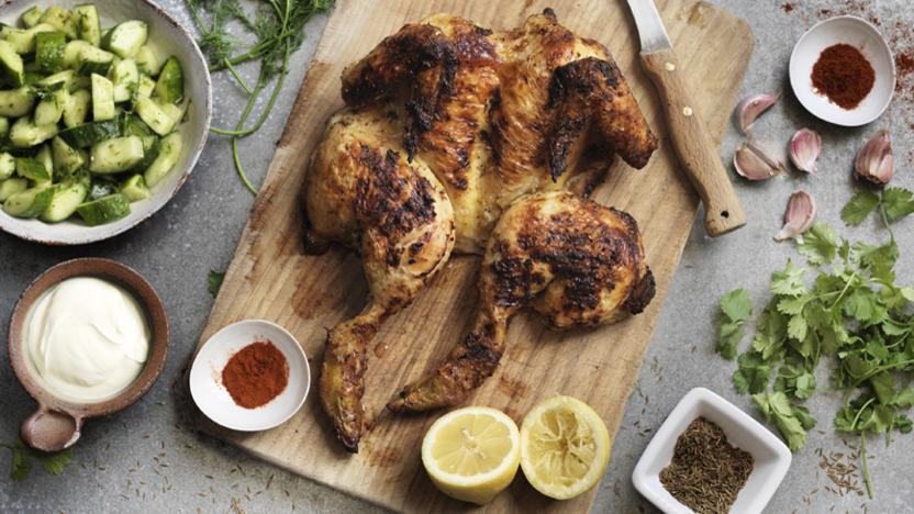 Cumin and yoghurt chicken with cucumber and dill salad