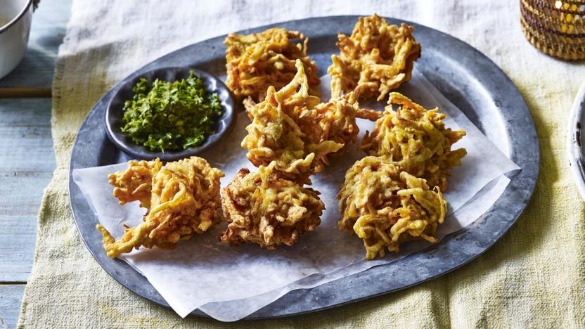Carrot and parsnip bhajis with coriander and chilli chutney
