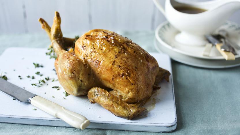 Slow-cooked roast chicken with gravy