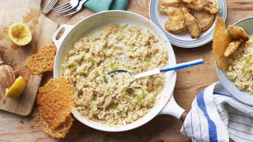 Fennel and lemon risotto, Parmesan crisps and fennel fritters