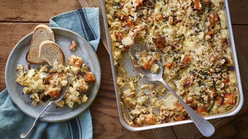 Fennel, leek and squash gratin with tarragon and hazelnuts