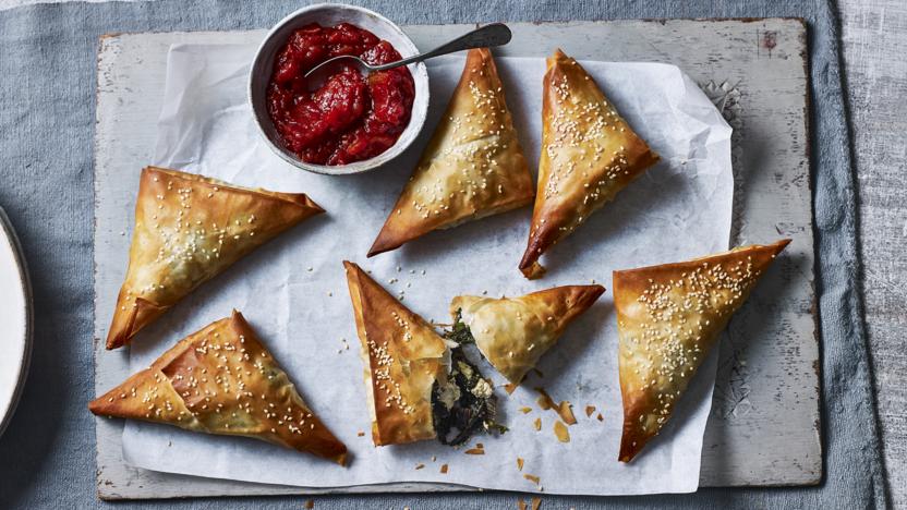 Feta and greens filo triangles