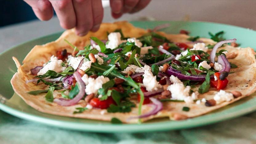 Feta, roasted red pepper and pine nut pancakes