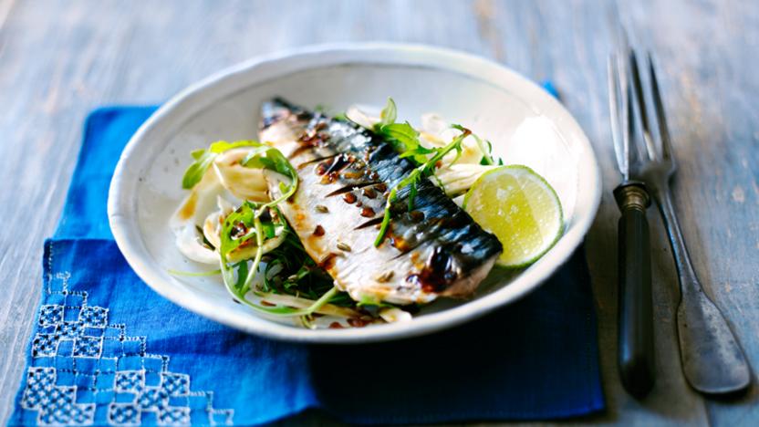 Grilled mackerel with soy lime dressing