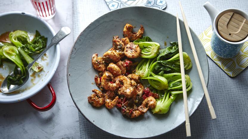 Firecracker prawns with stir-fried greens