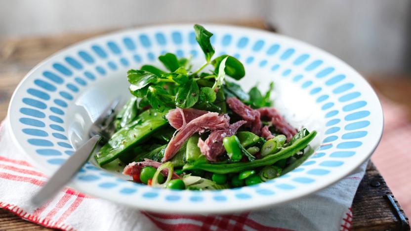 Fresh pea, broad bean and ham hock salad