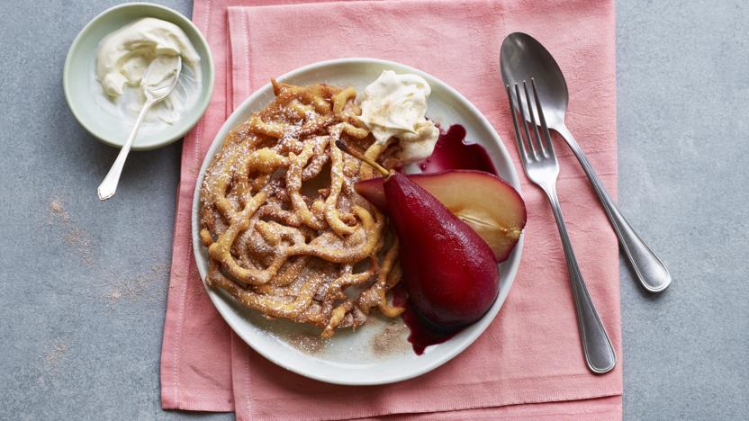 Funnel cakes with poached pears