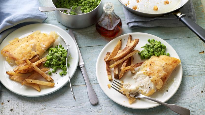 Gluten-free fish and chips with minty peas