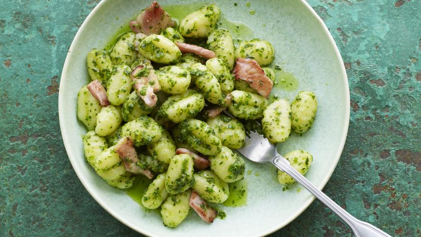 Gnocchi with crispy bacon and spinach pesto