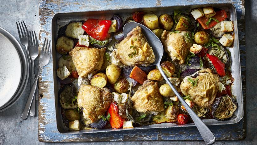 Greek Style Chicken Traybake Recipe Bbc Food