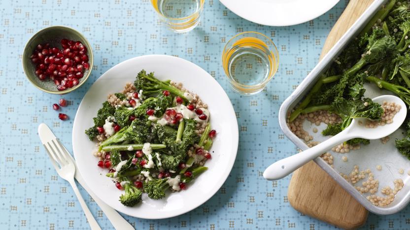 Greens with giant couscous and tahini