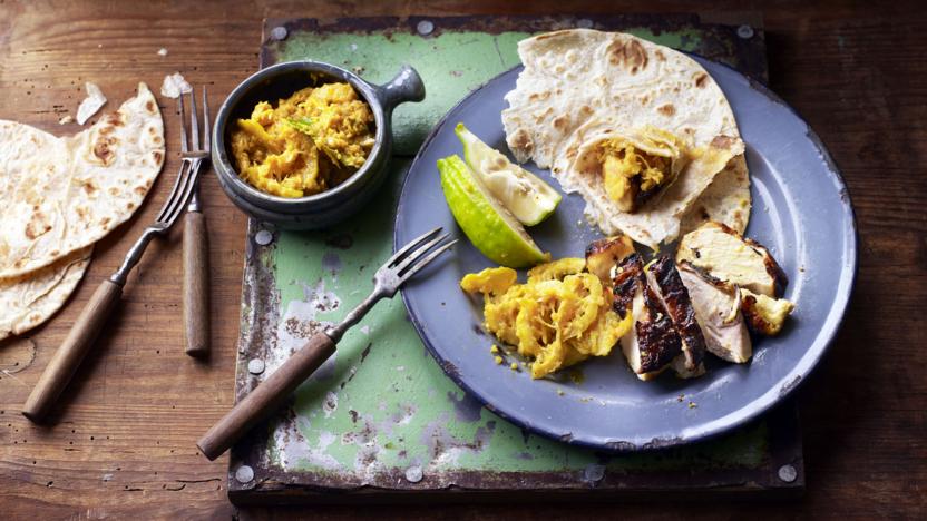 Grilled chicken shatkora with pickle and chapatis