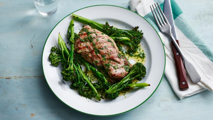 Grilled lamb steak with rosemary butter and chargrilled broccoli