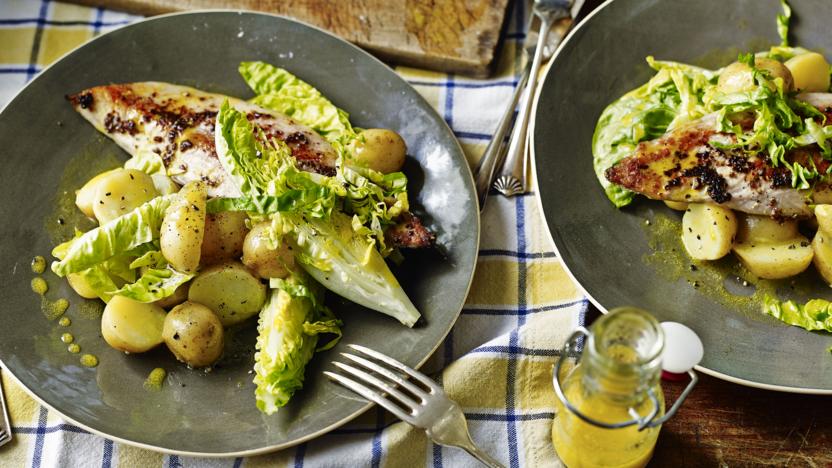 Grilled mackerel with new potatoes and salad