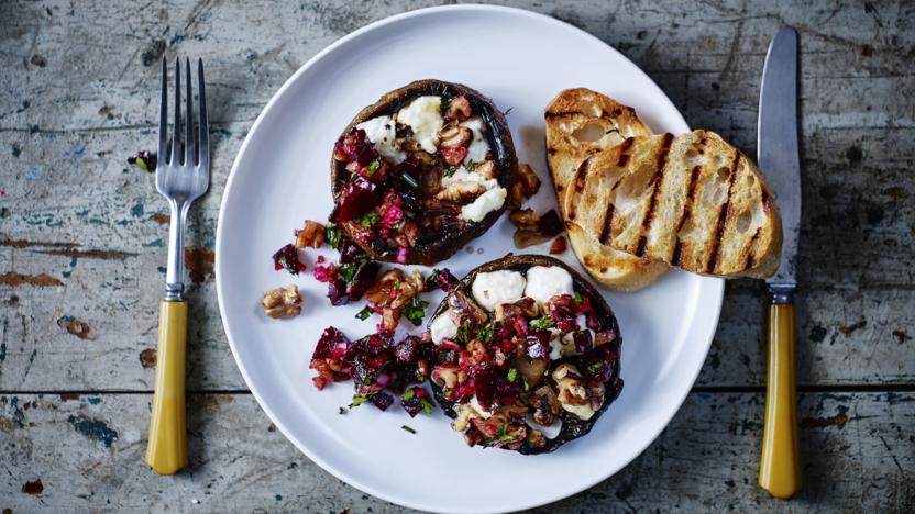 Grilled mushrooms with goats' cheese and beetroot and walnut salsa