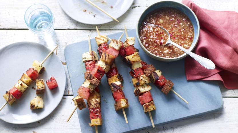 Halloumi and watermelon skewers with tamarind dip 