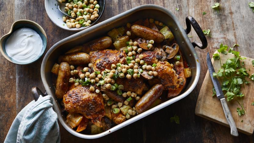 Harissa chicken and sausage traybake