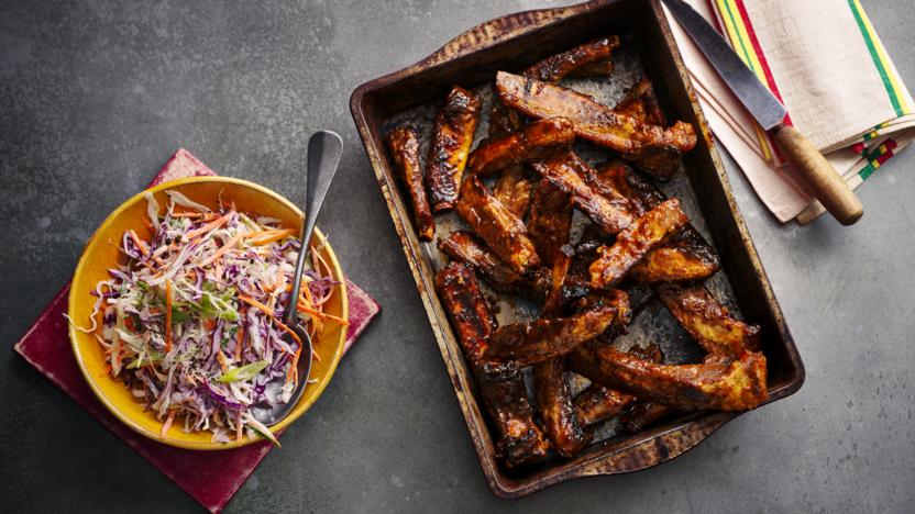 Jerk barbecue-style ribs with coleslaw