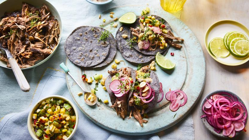 Jerk pork tacos with corn and pineapple salsa