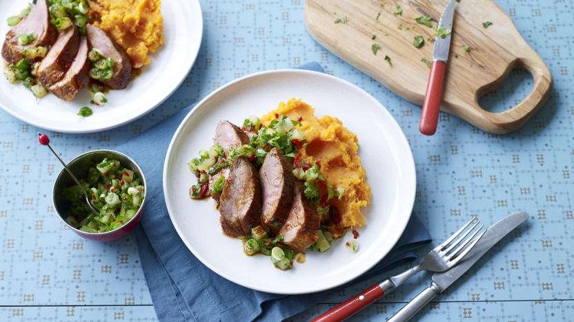 Jerk pork with sweet potato mash