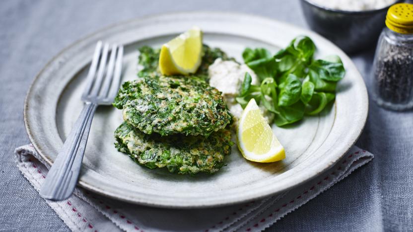 Kale, pea and ricotta fritters