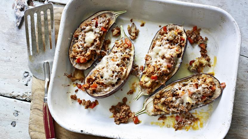 Lamb-stuffed aubergines with Moorish spices and Manchego cheese