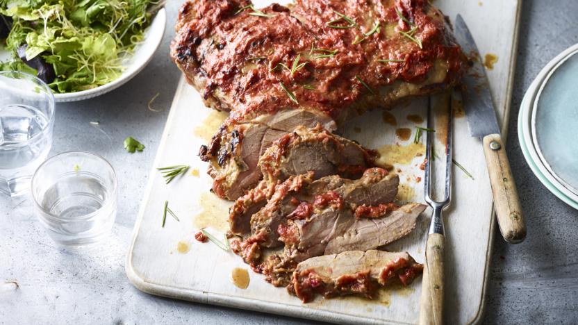 Butterflied leg of lamb with a sticky rhubarb glaze