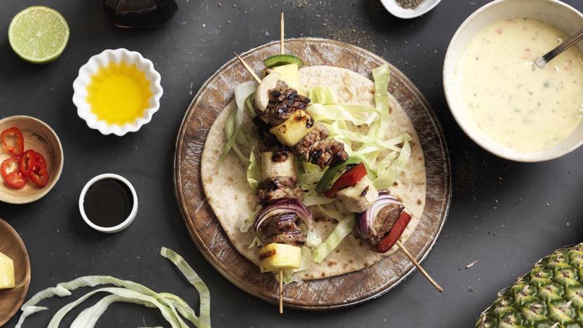 Lamb, pepper and pineapple kebabs with lime, chilli and coriander mayonnaise