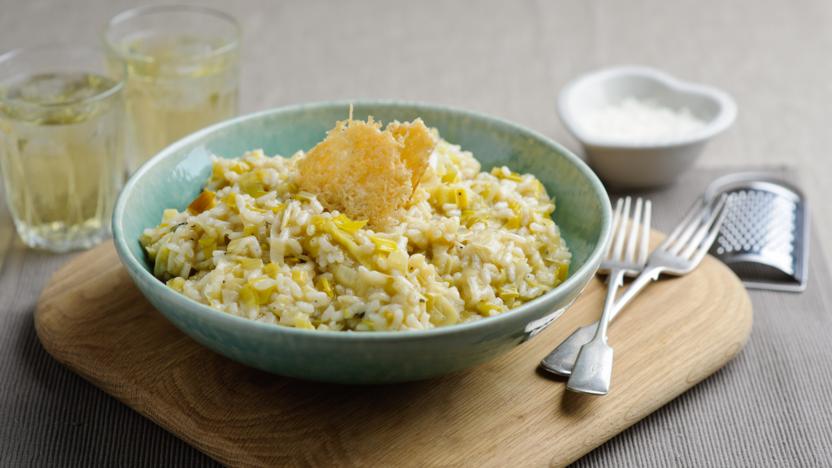 Leek risotto with Parmesan crisps