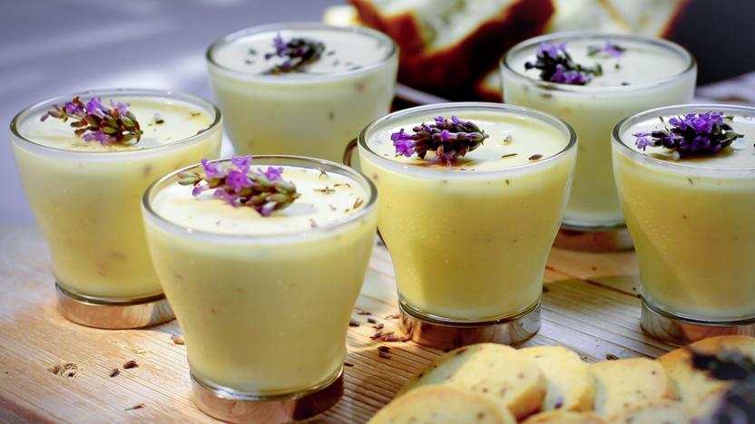 Lemon and lavender posset with lavender biscuits