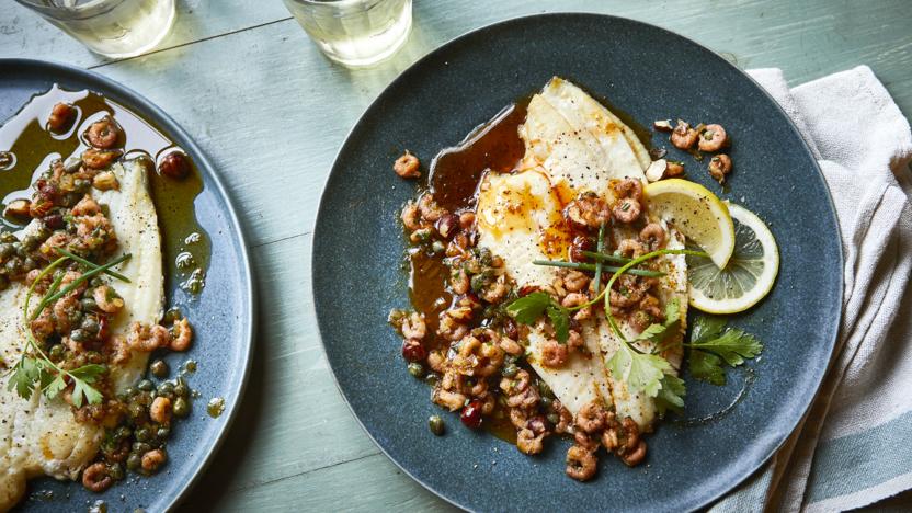 Lemon sole with spiced brown butter shrimps