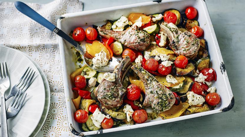 Mediterranean-style lamb chop traybake