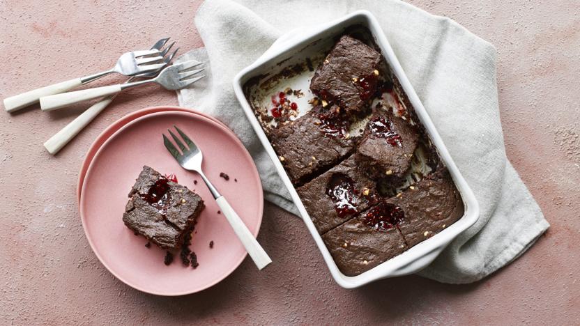 Microwave chocolate, peanut butter and jam brownies