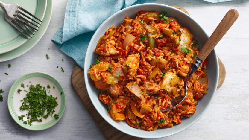 Microwave chicken and chorizo jambalaya