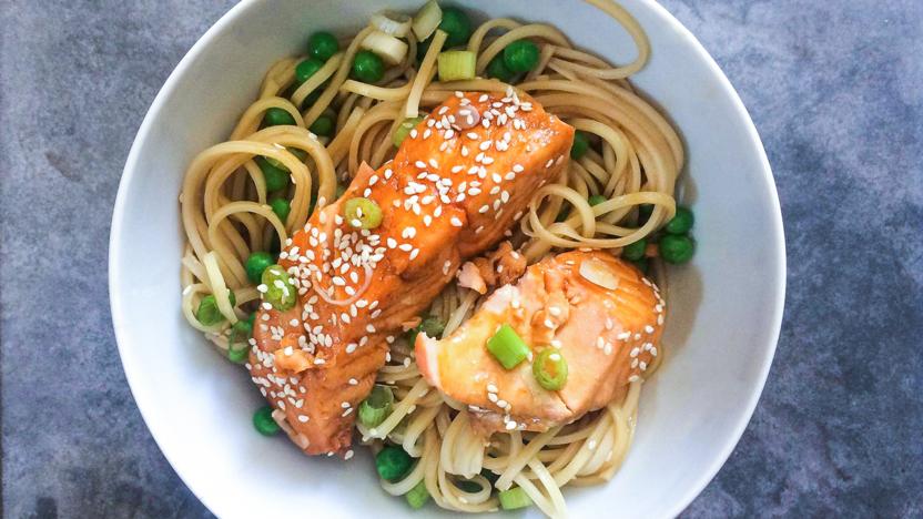 Microwave soy salmon noodles