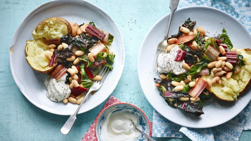 Baked potatoes with Middle Eastern beans and greens