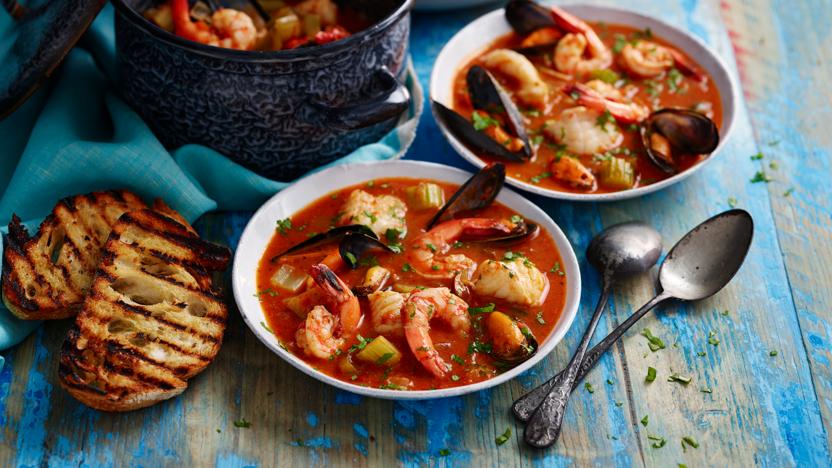 Monkfish, mussel and prawn stew with sourdough (cioppino)